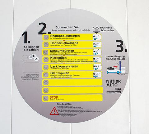Schild für die Anwendungen der SB-Fahrzeug-Waschboxen, der WAP-Waschanlage Rösrath