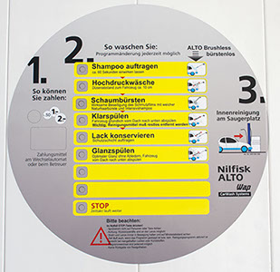 Schild für die Anwendungen der SB-Fahrzeug-Waschboxen, der WAP-Waschanlage Rösrath
